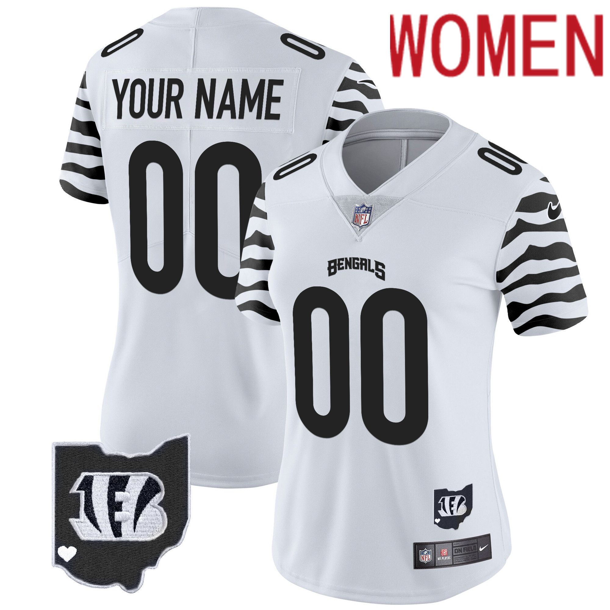 Women Cincinnati Bengals White 2024 Nike Black Stripes Vapor Limited Custom NFL Jersey->customized nfl jersey->Custom Jersey
